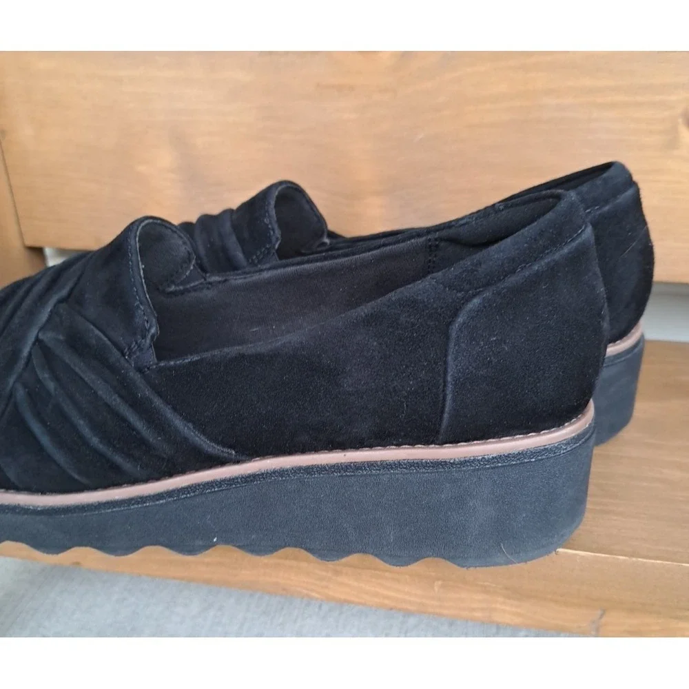 Clarks Women's Black Leather Suede Sharon Villa Loafers Wedge Comfort Shoes 11 M